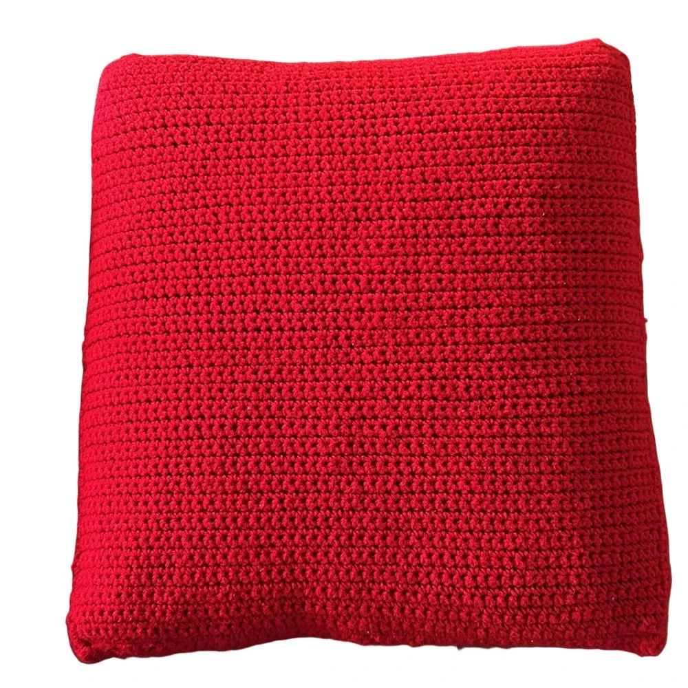 Hand Crafted Patriotic Red Knit Throw Pillow Cover 18 x 18 Hand Crochet Heirloom
